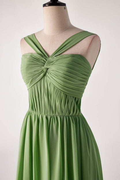 Pleated Halter Matcha Green Chiffon Long Bridesmaid Dress