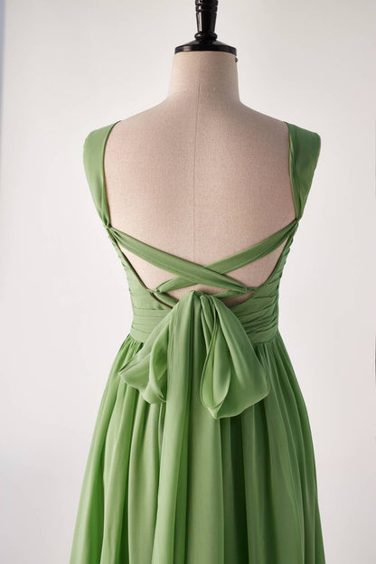 Pleated Halter Matcha Green Chiffon Long Bridesmaid Dress