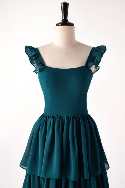 Straps Dark Blue Ruffle Long Bridesmaid Dress