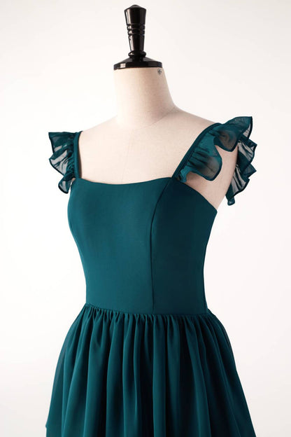 Straps Dark Blue Ruffle Long Bridesmaid Dress