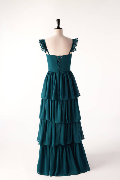 Straps Dark Blue Ruffle Long Bridesmaid Dress