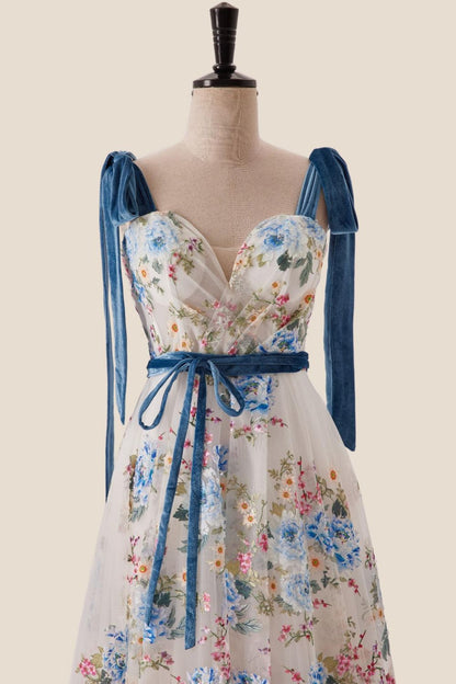 Sweetheart Blue Floral A-line Long Formal Gown