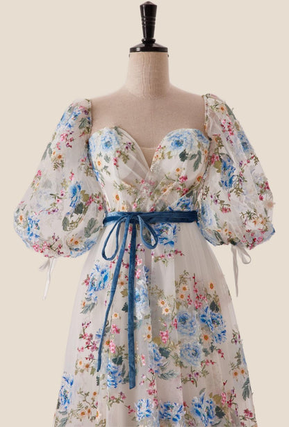 Sweetheart Blue Floral A-line Long Formal Gown