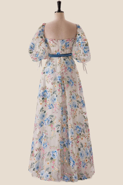 Sweetheart Blue Floral A-line Long Formal Gown