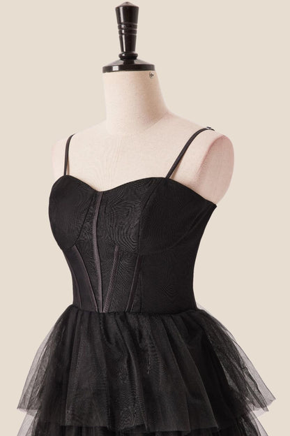 Straps Black Tiered Ruffles Long Maxi Dress