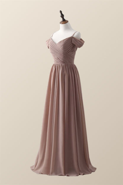 Straps Champagne Pleated Chiffon Long Bridesmaid Dress