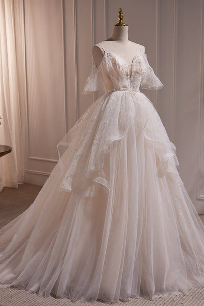 Straps White Tulle Tiered Tulle Formal Gown