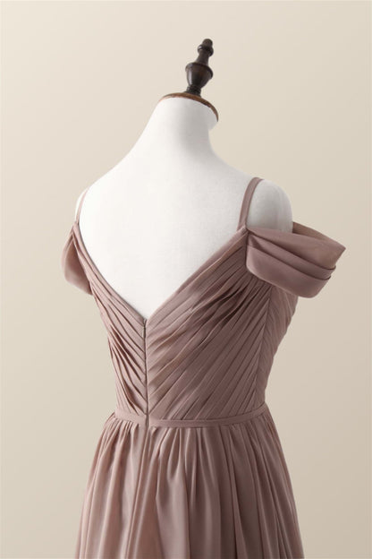Straps Champagne Pleated Chiffon Long Bridesmaid Dress