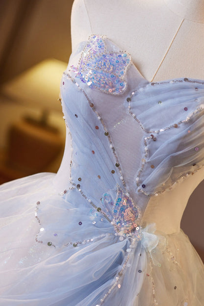 Sweetheart Champagne and Blue Tulle A-line Long Formal Gown