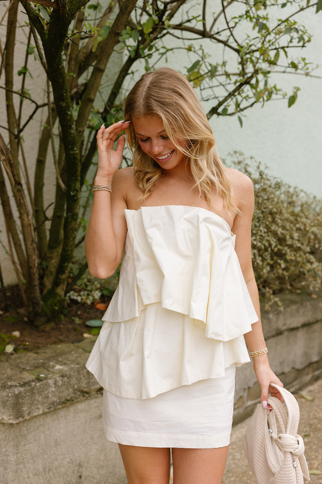 Daphne Cream Flare Strapless Mini Dress