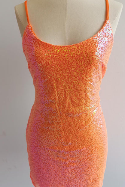 Straps Orange Sequin Tight Mini Dress