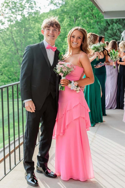 Straps Fuchsia Chiffon Tiered Maxi Dress
