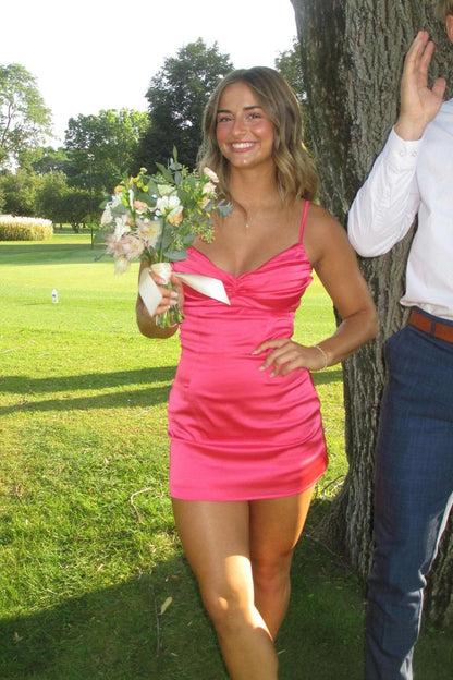Straps Pink Ruched Satin Short Dress