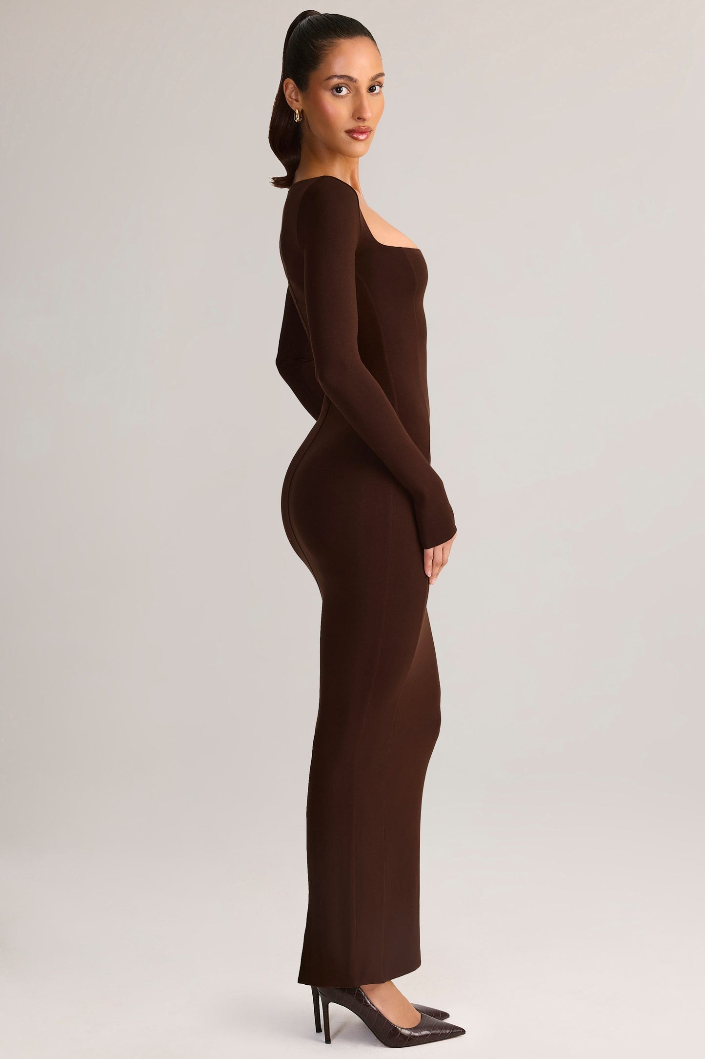 Modal Square-Neck Bodycon Maxi Dress in Chocolate Brown