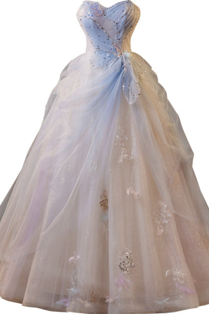 Sweetheart Champagne and Blue Tulle A-line Long Formal Gown