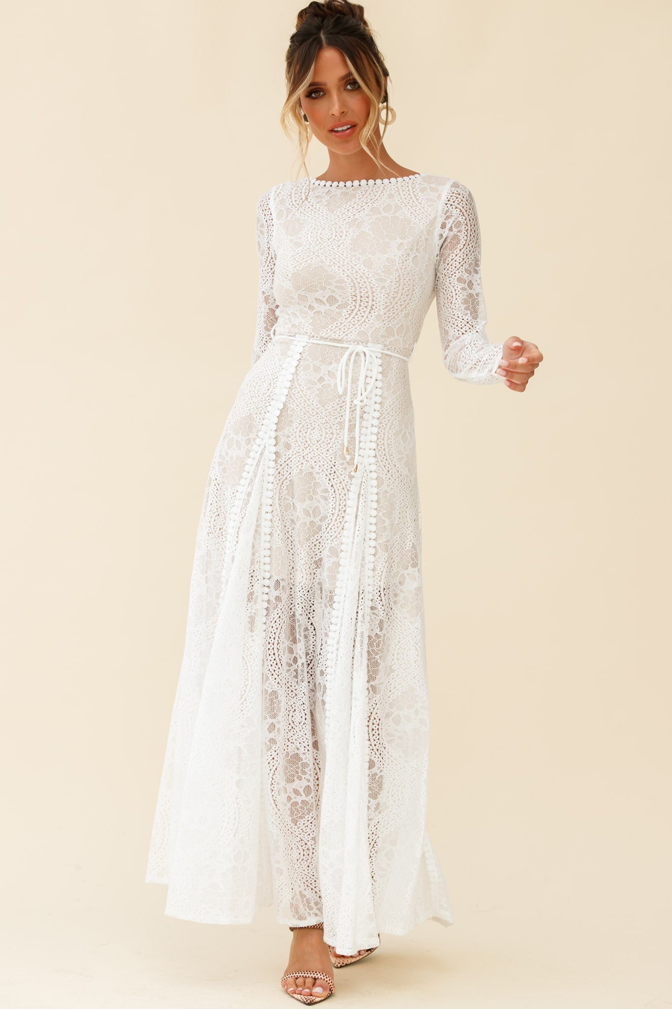 Palm Springs Long Sleeve Lace Overlay Maxi Dress White