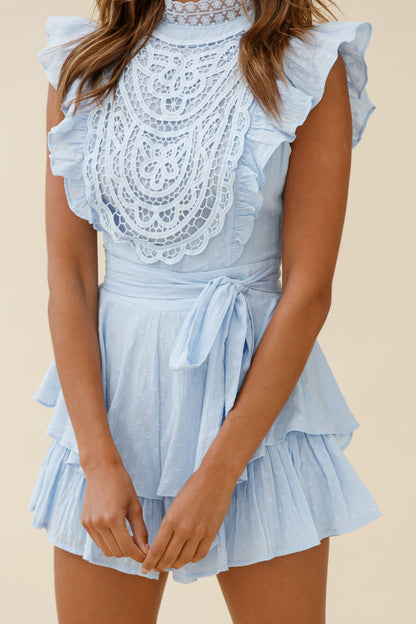 Nellie Lace Bust High Neck Romper Steel Blue