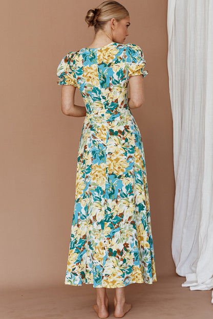 Montebello Puff Sleeve Maxi Dress Floral Blue/Yellow
