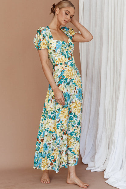 Montebello Puff Sleeve Maxi Dress Floral Blue/Yellow