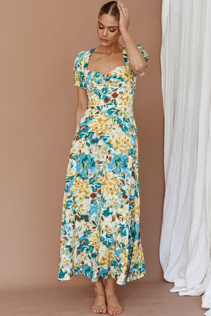 Montebello Puff Sleeve Maxi Dress Floral Blue/Yellow