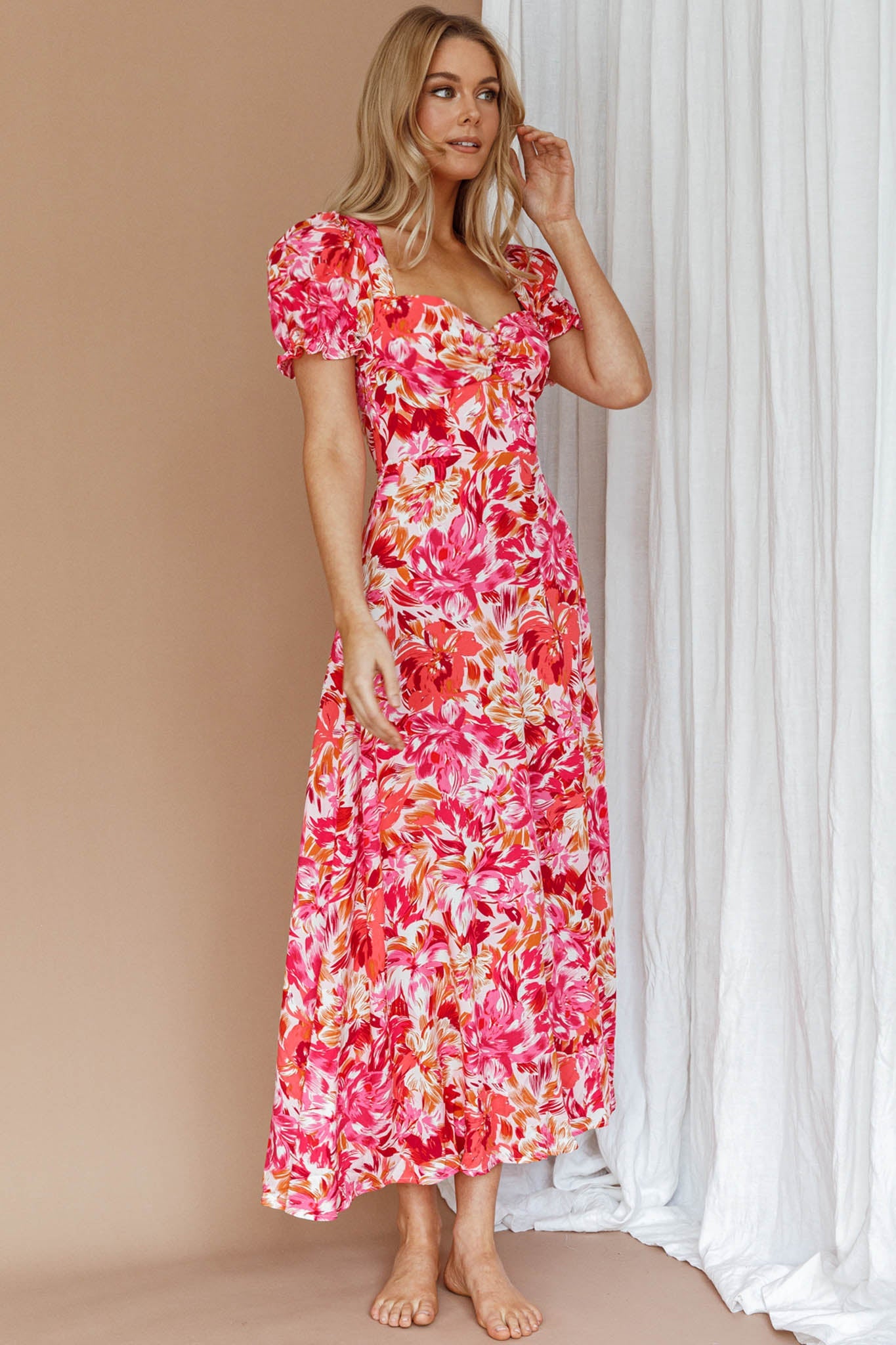 Montebello Puff Sleeve Maxi Dress Floral Pink/Orange