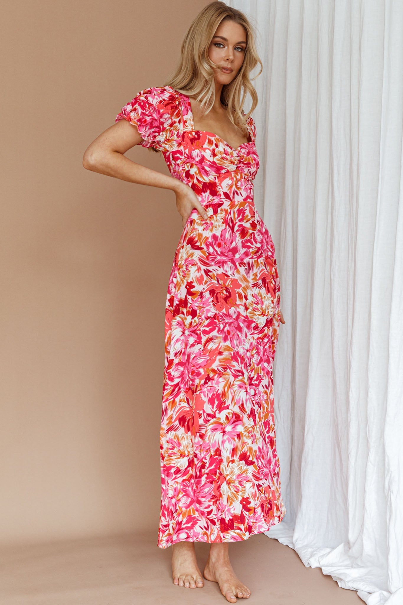 Montebello Puff Sleeve Maxi Dress Floral Pink/Orange