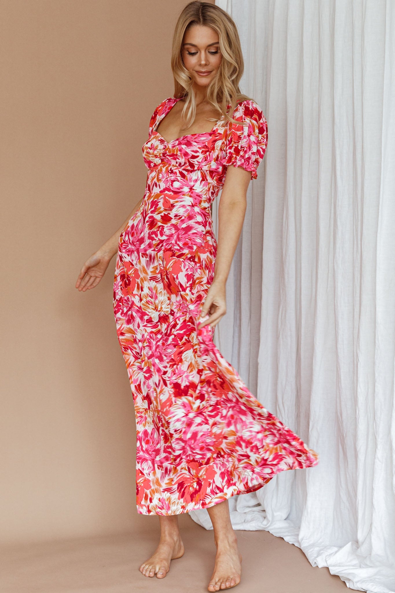 Montebello Puff Sleeve Maxi Dress Floral Pink/Orange