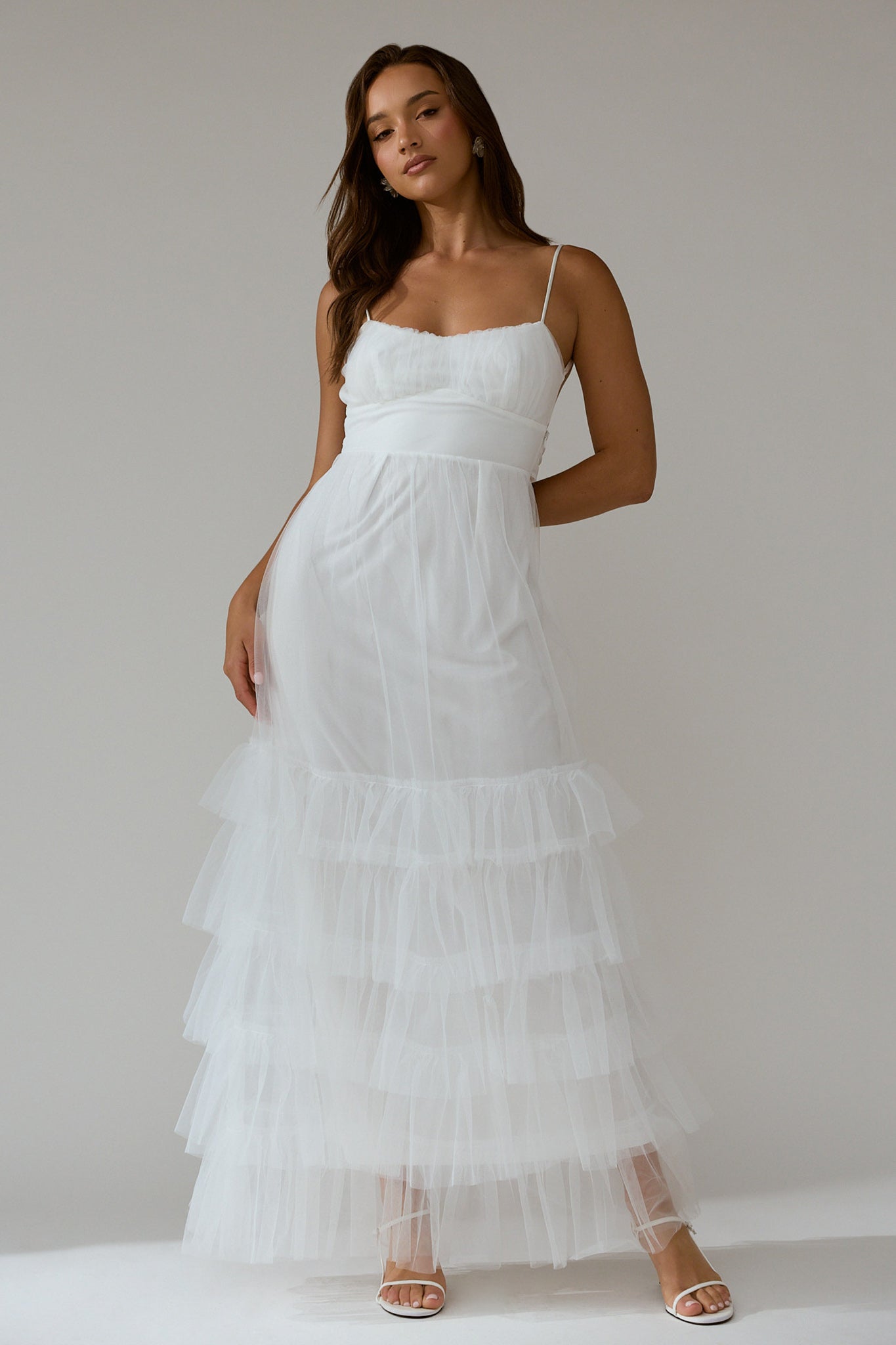 Nerida Twist Back Frill Trim Mesh Maxi Dress White