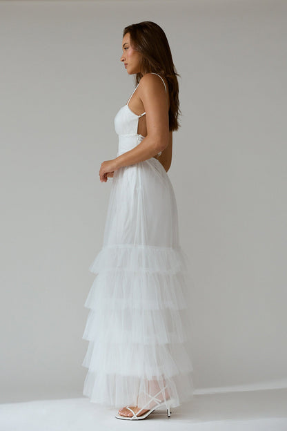 Nerida Twist Back Frill Trim Mesh Maxi Dress White