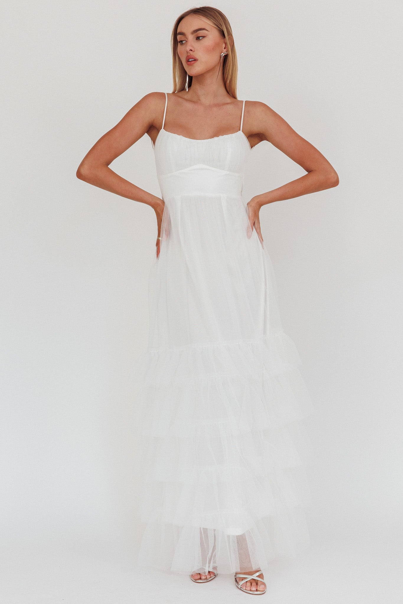 Nerida Twist Back Frill Trim Mesh Maxi Dress White