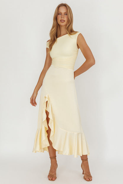 Moonlit Magic Asymmetric Neckline Satin Ruffle Dress Butter