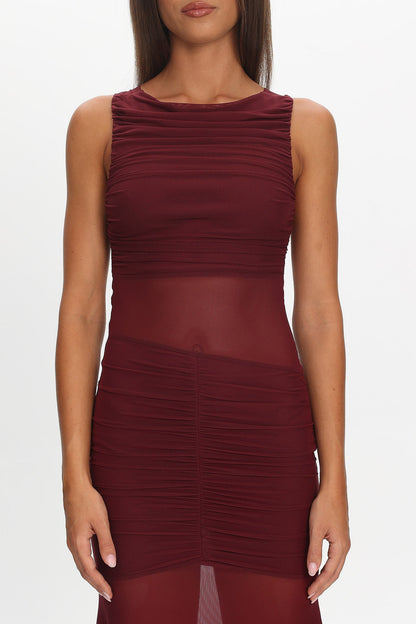 Sade Sheer Panel Ruched Maxi Dress Wine