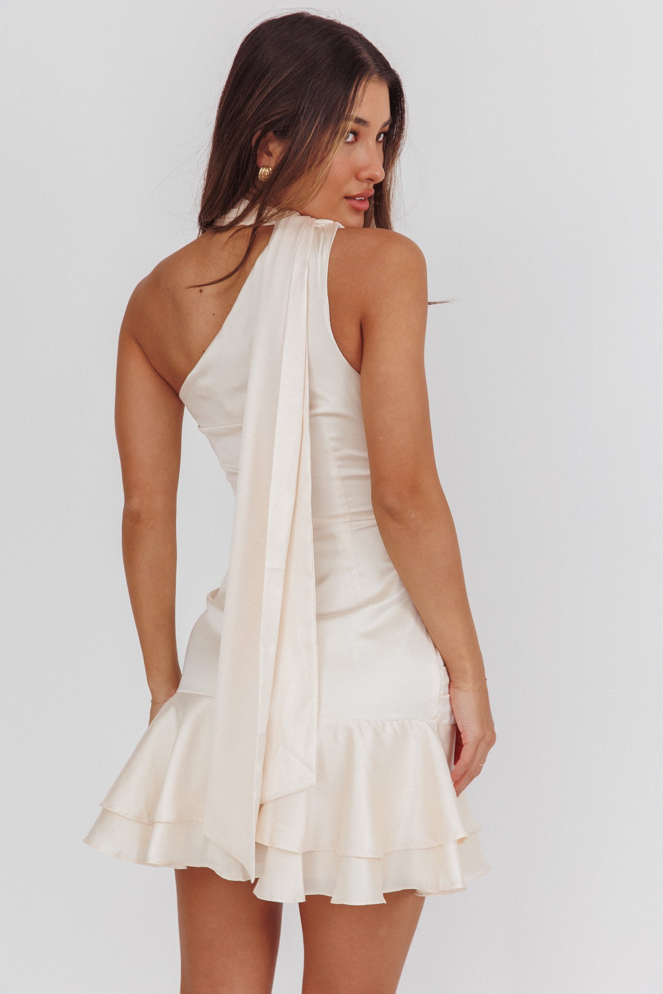 Truett One-Shoulder Sash Mini Dress Eggshell