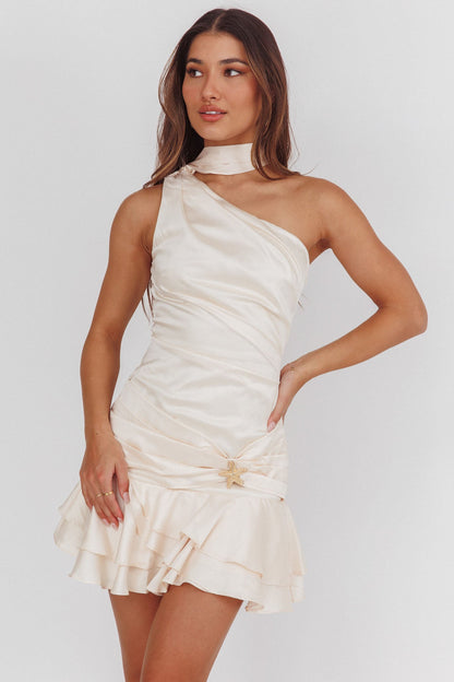 Truett One-Shoulder Sash Mini Dress Eggshell