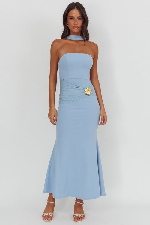 Jeramia Strapless Brooch Maxi Dress Blue