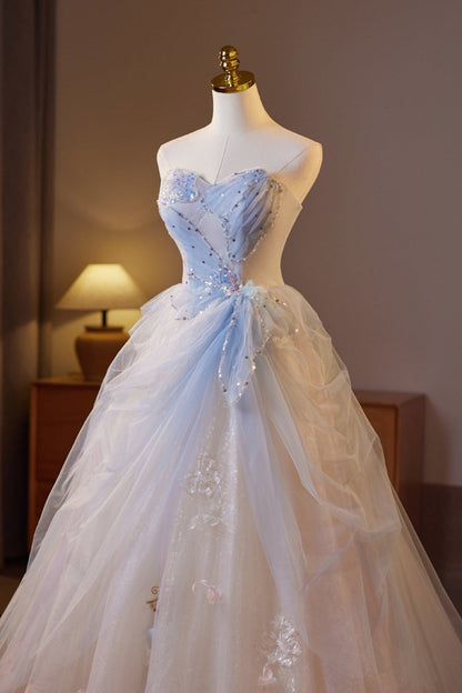 Sweetheart Champagne and Blue Tulle A-line Long Formal Gown