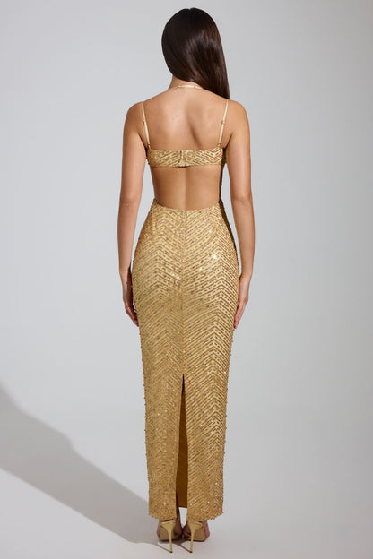 Embellished Cowl-Neck Maxi Dress in Gold