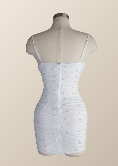 Straps Blue Tight Mini Dress with Pearls