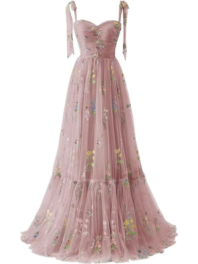 Elegant Spaghetti Straps A-line Floral Floor-length Bridesmaid Dresses