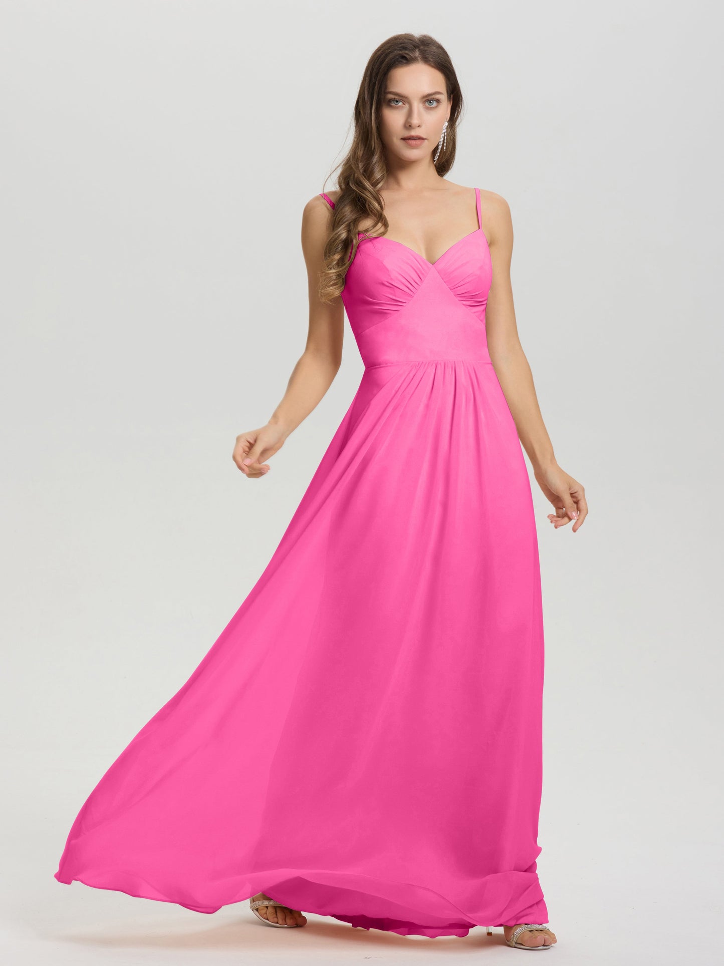 A-Line Spaghetti Straps V-Neck Floor Length Chiffon Bridesmaid Dress