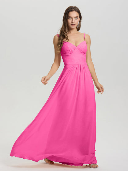 A-Line Spaghetti Straps V-Neck Floor Length Chiffon Bridesmaid Dress