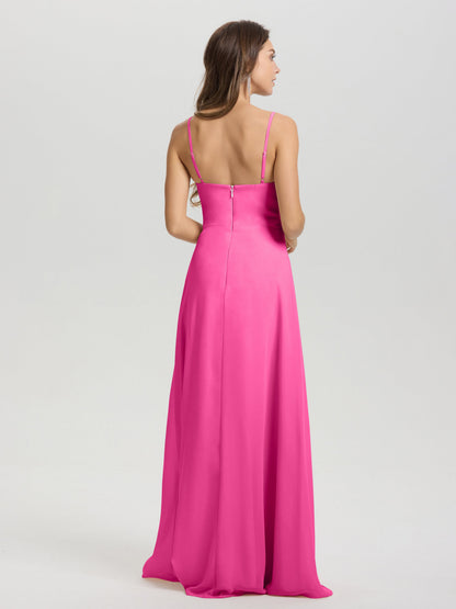 A-Line Spaghetti Straps V-Neck Floor Length Chiffon Bridesmaid Dress