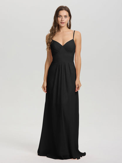 A-Line Spaghetti Straps V-Neck Floor Length Chiffon Bridesmaid Dress