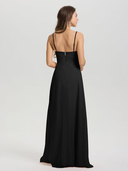 A-Line Spaghetti Straps V-Neck Floor Length Chiffon Bridesmaid Dress