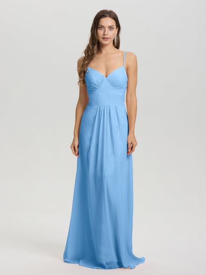 A-Line Spaghetti Straps V-Neck Floor Length Chiffon Bridesmaid Dress