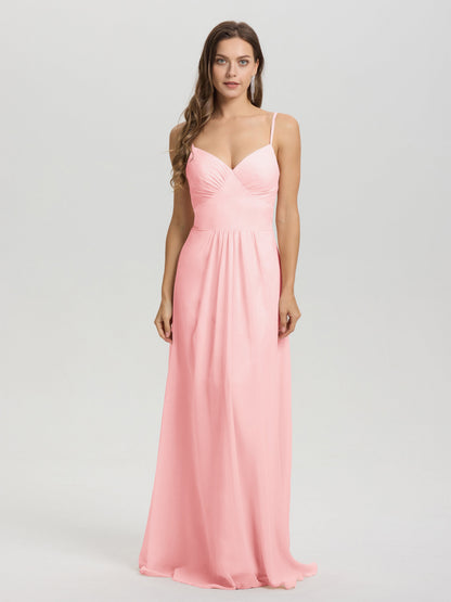 A-Line Spaghetti Straps V-Neck Floor Length Chiffon Bridesmaid Dress
