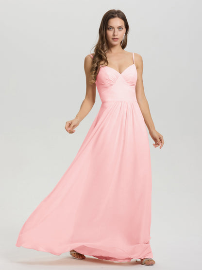 A-Line Spaghetti Straps V-Neck Floor Length Chiffon Bridesmaid Dress