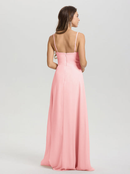 A-Line Spaghetti Straps V-Neck Floor Length Chiffon Bridesmaid Dress