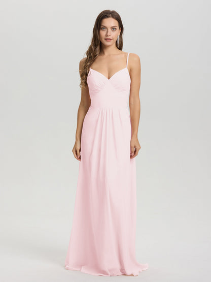 A-Line Spaghetti Straps V-Neck Floor Length Chiffon Bridesmaid Dress