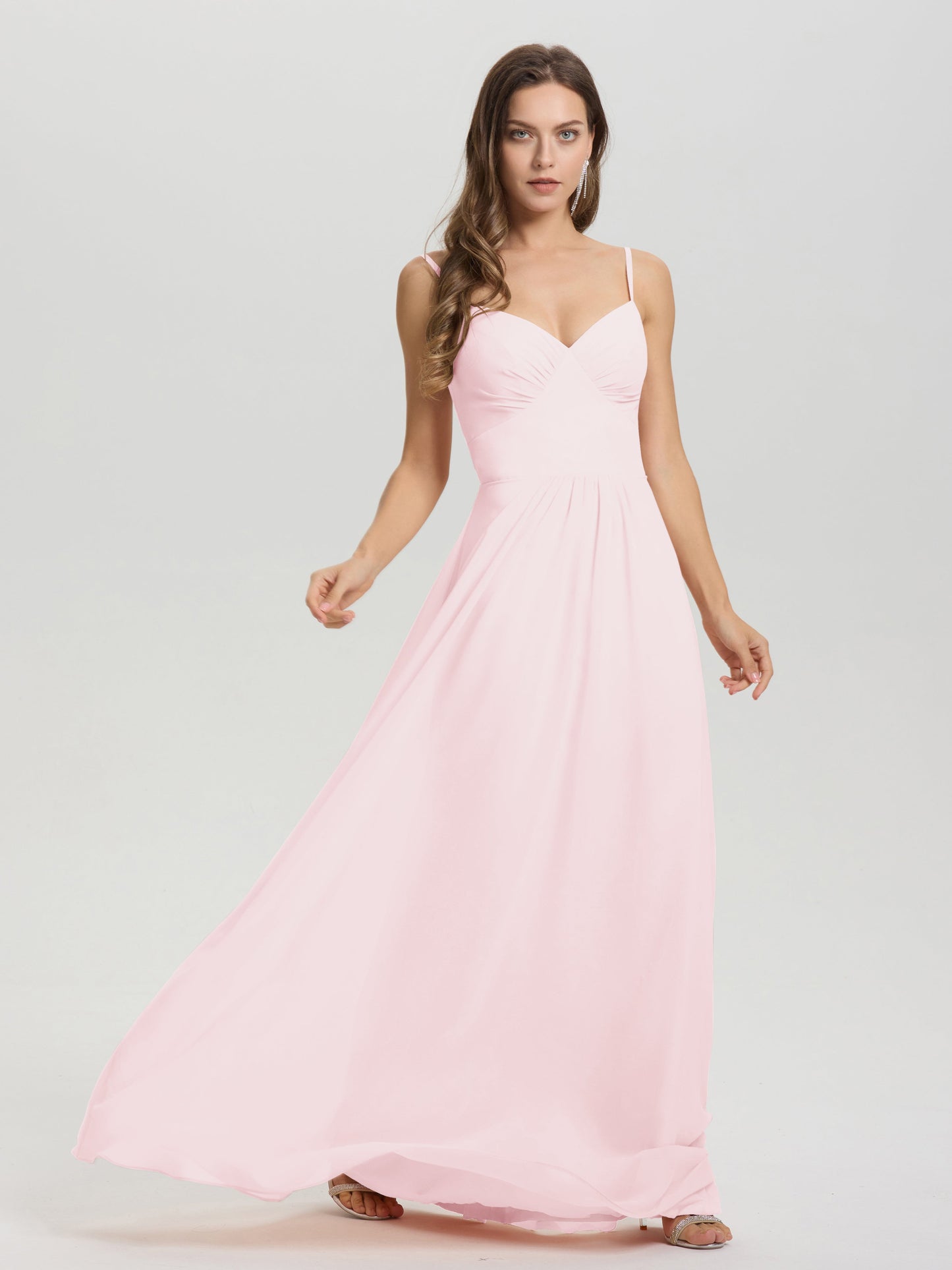 A-Line Spaghetti Straps V-Neck Floor Length Chiffon Bridesmaid Dress